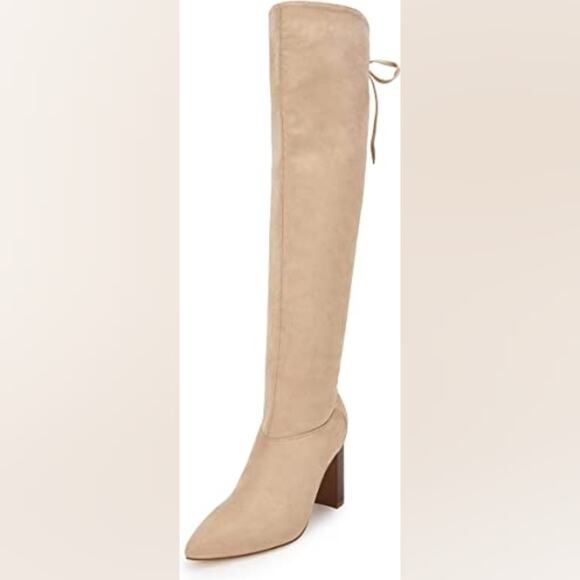 New Beige Pointed Toe Faux Suede Over the Knee High Boots Chunky Size 8.5 - Picture 2 of 13
